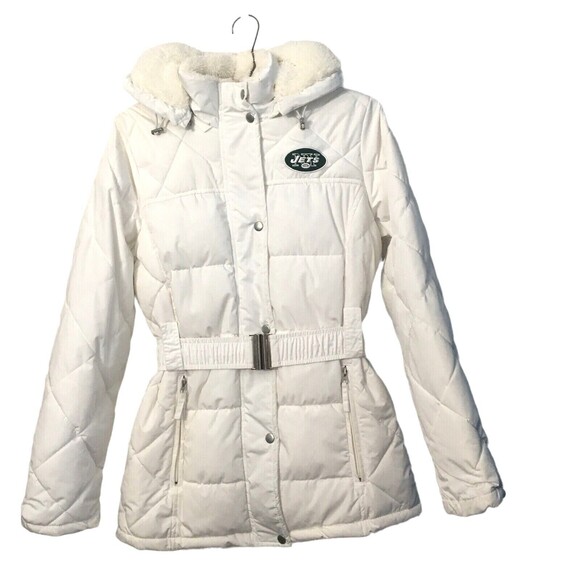 NY Jets Official Logo Quilted Womens S Puffer Jacket Faux Fur Lining Hood Zip - Picture 1 of 11